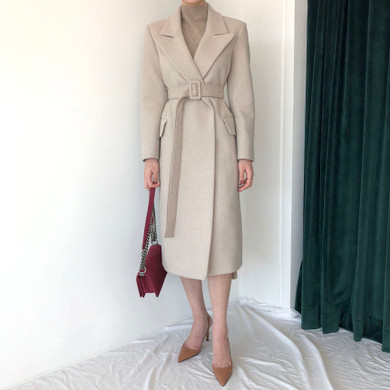 Woman Coats Winter Wool Long Coat With belt Office Lady Fashion lace Up Coats Outerwear