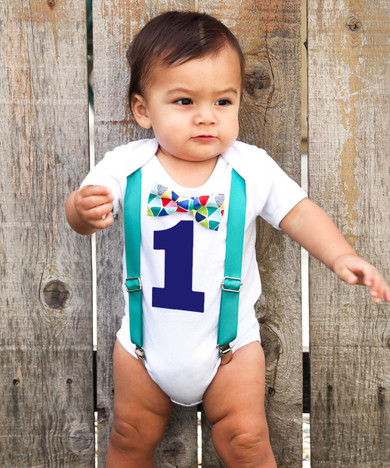 Teal Blue Red Baby Boy First Birthday Outfit - Birthday Shirt - Cute First Birthday Outfits for Boys - Bow Tie and Suspenders - I'm One -1st
