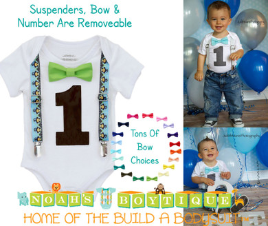 Monkey Noah's Boytique Bodysuit Suspenders - Snap on Suspenders - Suspender Outfit - Baby Suspenders - Monkeys - Jungle - Monkey Party Monkey Noah's Boytique Bodysuit Suspenders - Snap on Suspenders - Suspender Outfit - Baby Suspenders - Monkeys - Jungle - Monkey Party