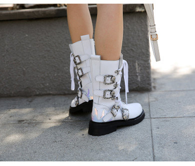 retro style knight boots women white cow leather thick bottom mid calf boot buckle belt lace up short boots women
