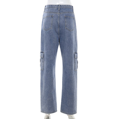 Pockets Patchwork High Waist Jeans Women Streetwear Straight Jean Femme Blue 100% Cotton Cargo Pants