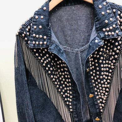 Autumn Streetwear Denim Jacket Women Hand-studded Rivet Tassel Chain Short Jeans Jacket Loose Black Coats