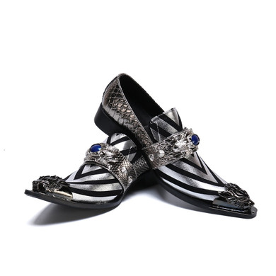 British Style Party Men Dress Shoes Stripe Genuine Leather Formal Shoes Gold Silver Pointed Toe Business Shoes