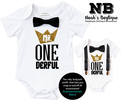 Mr Onederful First Birthday Outfit Black and Gold with Bow Tie