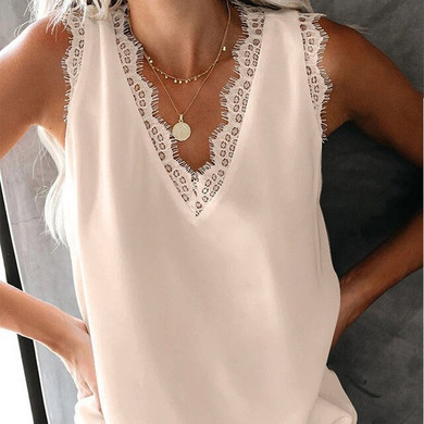 Chiffon Lace Patchwork Slim Sexy Tanks Women Solid V-Neck Sleeveless Loose Tank Tops Female 2020 Summer Fashion Ladies Clothes