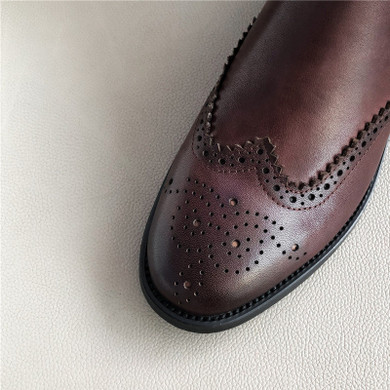 Chelsea Boots Women Natural Genuine Leather Thick Heels Ankle Boots Winter Autumn Round Toe Brogue Shoes Ladies Size 42