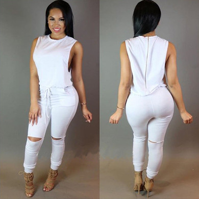 Women hole sleeveless bandage lace up jumpsuit Casual Rompers overalls for female women o-neck zipper jumpsuits women summer