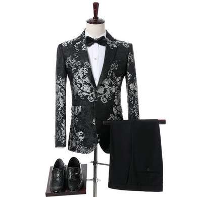Trajes De Hombre Coat Pants Suits Men 2019 Navy Blue Velvet Lapel Floral Double Breasted Tuxedo Groom Wedding Suits For Men