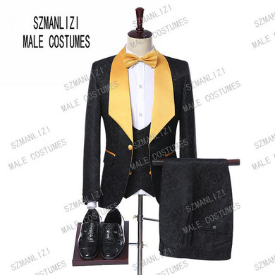 2019 Black Jacquard Jacket Men Suit Slim Fit Wedding Tuxedo Custom Made Wedding Groom Party Suits Costume Homme Best Man Blazer