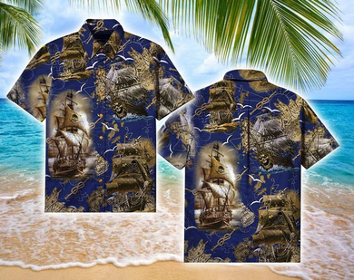 Amazing Pirate Ship Halloween 3D Print Hawaiian Aloha Shirts