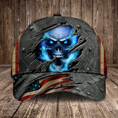 Blue Flame Skull Torn American Flag 3D Printed Cap
