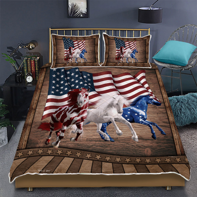 American Flag Running Horses Design Bedding Set