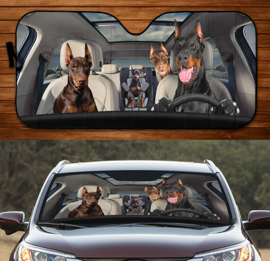 Family Dobermans Driving 3D Print Car Windshield Auto Sunshade