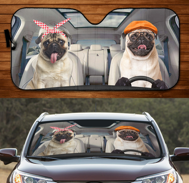 Couple Pugs Driving 3D Print Car Windshield Auto Sunshade