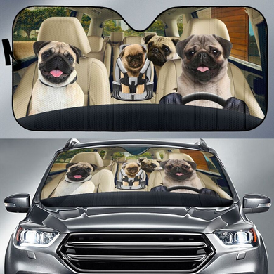 Family Pugs Driving 3D Print Car Windshield Auto Sunshade