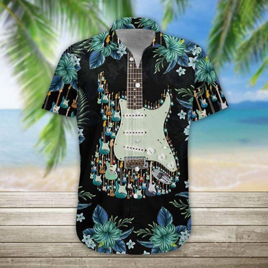 Guitar In Tropical Flower Leaf 3D Print Hawaii Aloha Shirt
