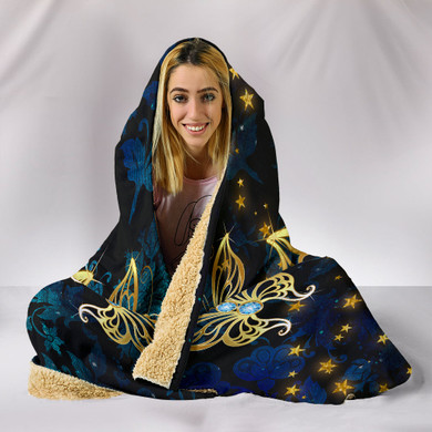 Butterflies in Blue Damask Hooded Blanket