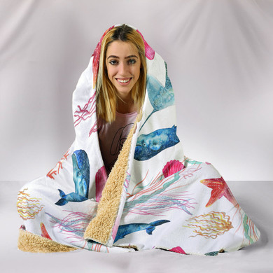 Watercolor Ocean Hooded Blanket with Whales and Fish
