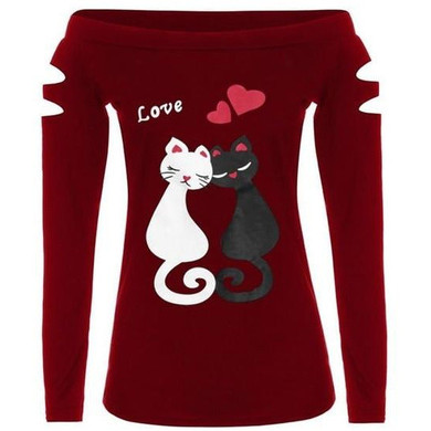 Feitong Women Ladies T Shirts Sexy Off Shoulder Cat Love Prints Long Sleeve Tops Tee Shirt vetement femme camiseta mujer 2018