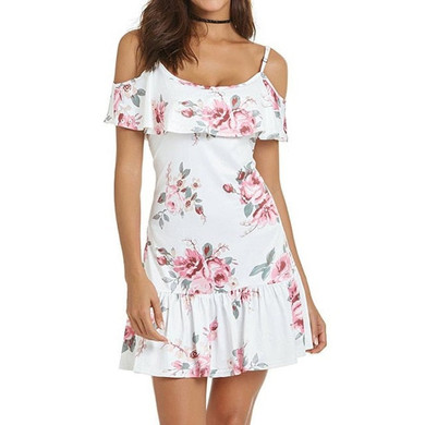 Feitong  Women Summer Dresses Sexy Cold Shoulder Floral Printed Mini Dress Spaghetti Strap Beach Dress vestidos femininos 2020