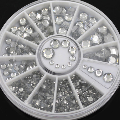 300 Pcs Nail Art 3D Glitter Rhinestone Tips Nail DIY Stickers Decoration Wheel Box