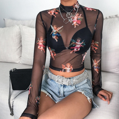 Sexy See Through Transparent Mesh Tops Long Sleeve Sheer T-Shirt