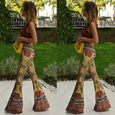 Flare Print Floral Retro Stretch High Waist Boho Bohemian Pants