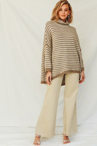 Khaki stripe turtleneck long sleeve Boho Bohemian Sweaters
