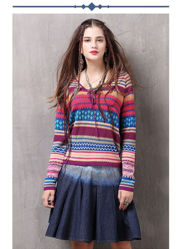 Cotton Wool V-Neck Long Sleeve Stripe Knitting Boho Bohemian Sweaters