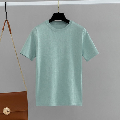 Glitter Knitted Casual Short Sleeves Top O-Neck Slim T-shirt