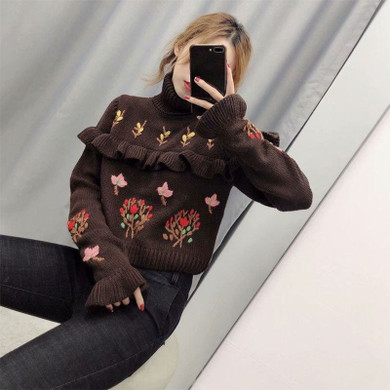 turtleneck with floral embroidery flare long sleeve Boho Bohemian Sweaters