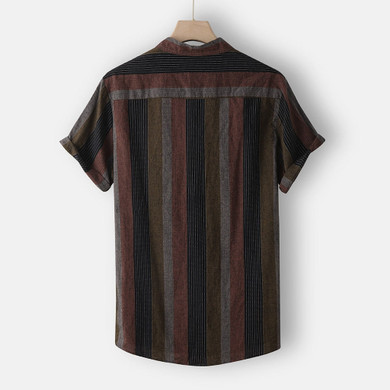 Strip Print Stand Collar Linen Short Sleeve Shirts