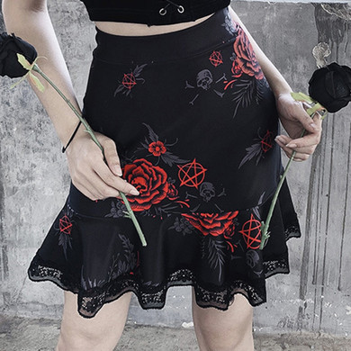 printed lace Rose Floral Skull zipper punk style sexy mini short Skirt