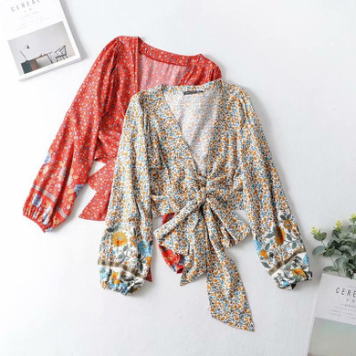 Vintage chic floral print rayon long sleeve Boho Bohemian Tops