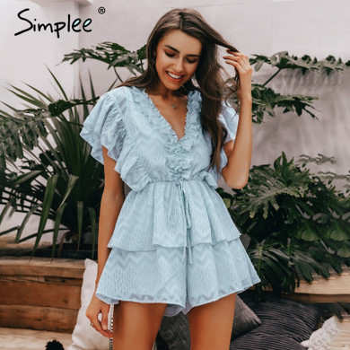Elegant v neck ruffled blue short sleeve sashes chiffon Casual Rompers
