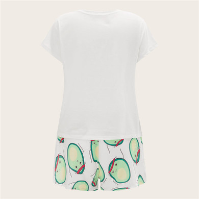 Cartoon Avocado Print Tee And Shorts Set Stretch Sleepwear