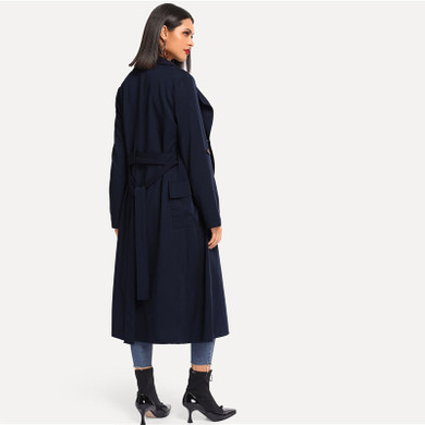 Navy Rolled Tab Sleeve Double Breasted Belted Longline Trench Coat