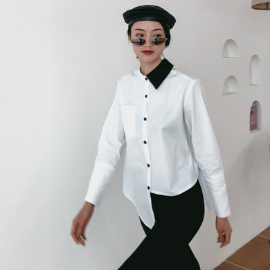 Lapel Long Sleeve Hit Color Irregular Hem Loose Brief Shirt Blouse