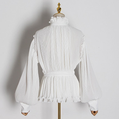 Casual Ruched Chiffon Shirts Turtleneck Lantern Long Sleeve Tunic Blouses