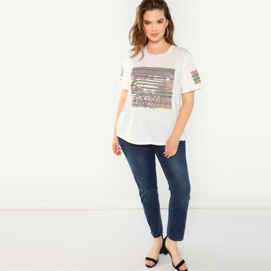 Contrast Sequin Striped Short Sleeve Round Neck T-shirt