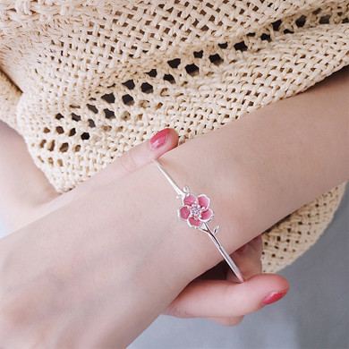 Ethnic Pink Flower Open Cuff Bracelets Bangles