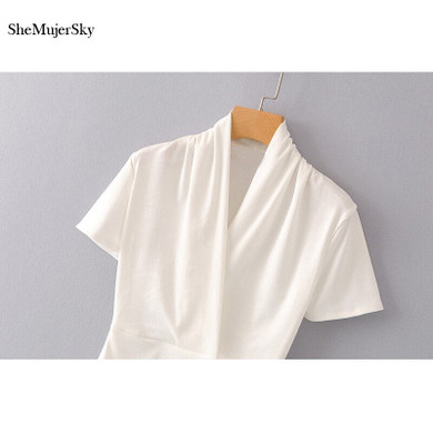 White V neck Short Sleeve Elastic Bodysuits