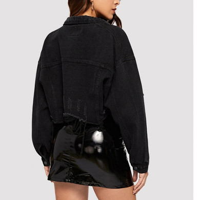 Black Drop Shoulder Long Sleeve Frayed Hem Ripped Crop Denim Jacket