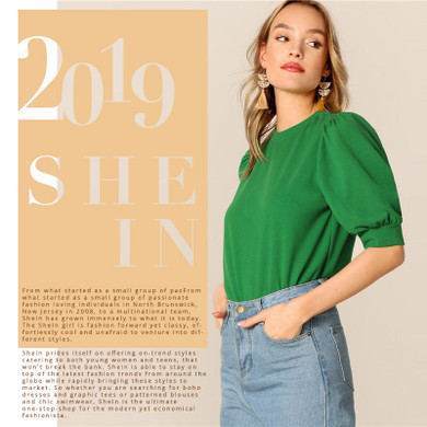 Casual Green Puff Sleeve Keyhole Back Solid Blouse