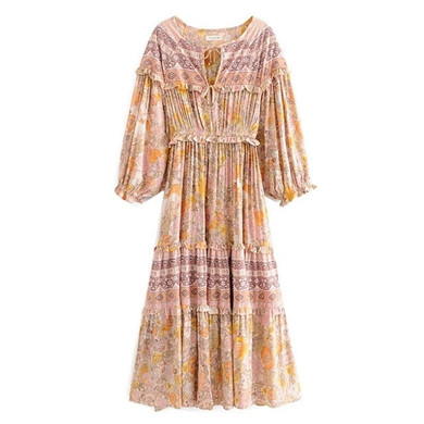 Lacing up bow V neck Floral Print Stitching Wood Boho Bohemian Dresses