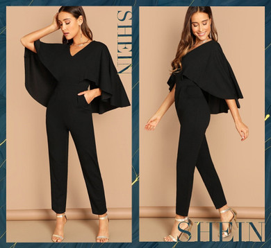 Black Elegant V Neck Solid Cape Long Sleeve Cloak Sleeve Jumpsuits