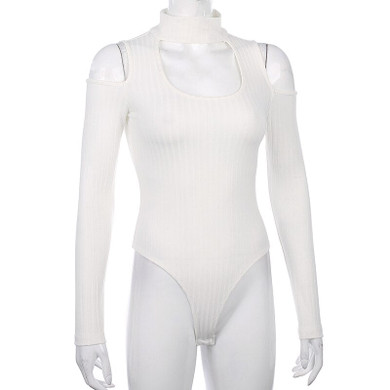 White Solid Cut Out Slim Sexy Bodysuit