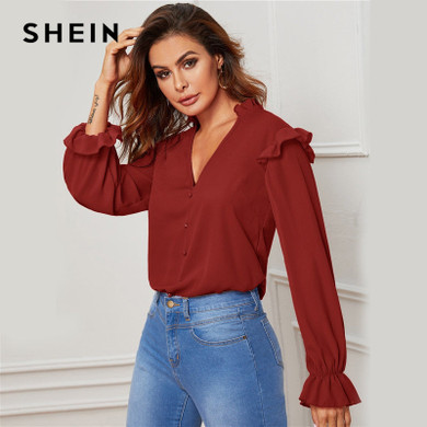 Red Ruffle Trim Buttoned Front V Neck Blouse