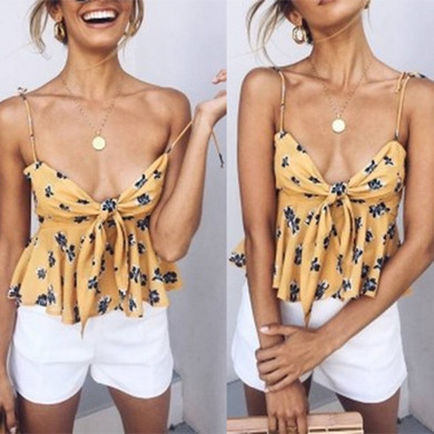 Floral Print floral print strap V Neck Knot draped Boho Bohemian Tops