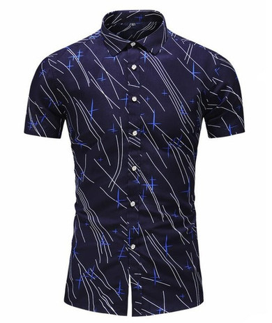 Print Button Turn Down Collar Slim Fit Short Sleeve Shirt